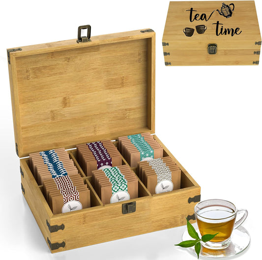 6-Slot Bamboo Tea Organizer Box 'Tea Time' Countertop Storage Chest with Adjustable Compartments & Eco-Friendly Chemical Free Lacquer Finish