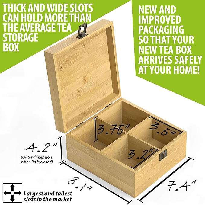 4-Slot Square Tea Time Food-Safe Bamboo Organizer Box
