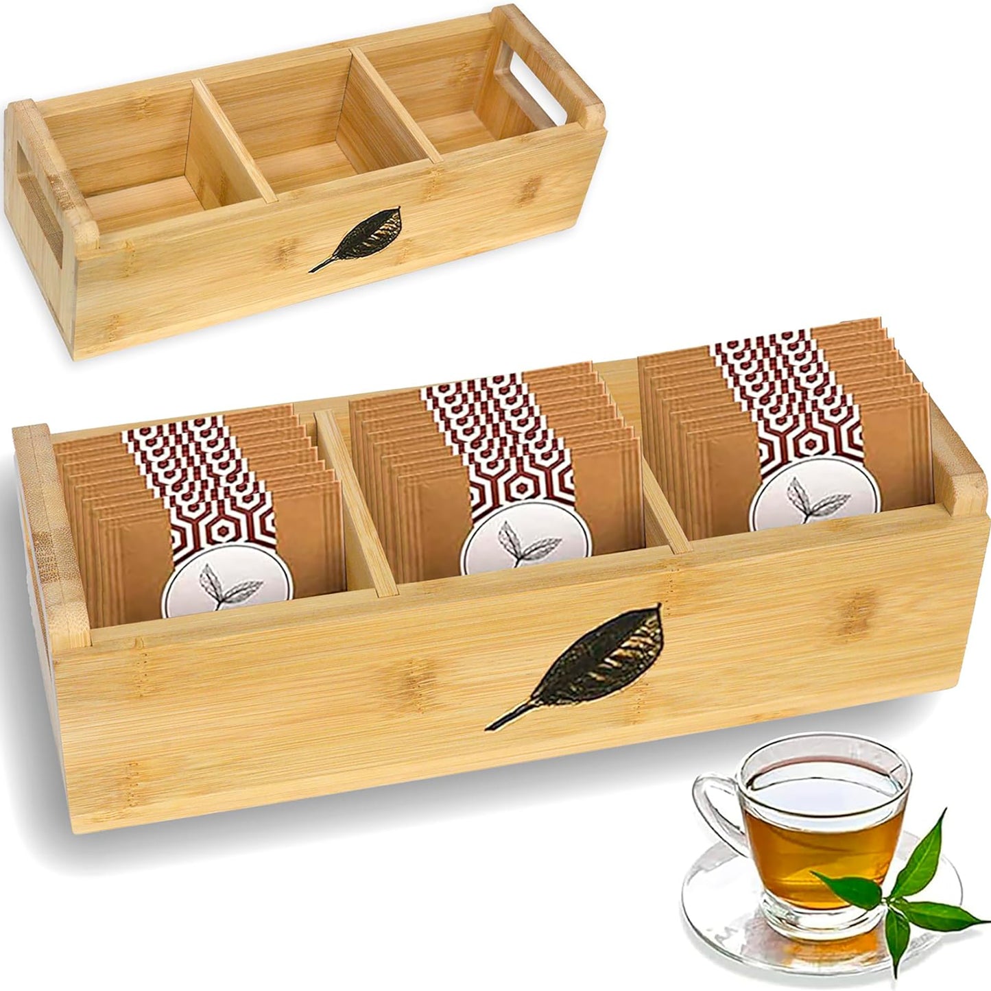 Bamboo Tea Organizer Caddy 3-Slot Countertop Display, Storage with Adjustable/Removable Slots | Minimalist, Purposeful Design & Thoughtful Gift Idea