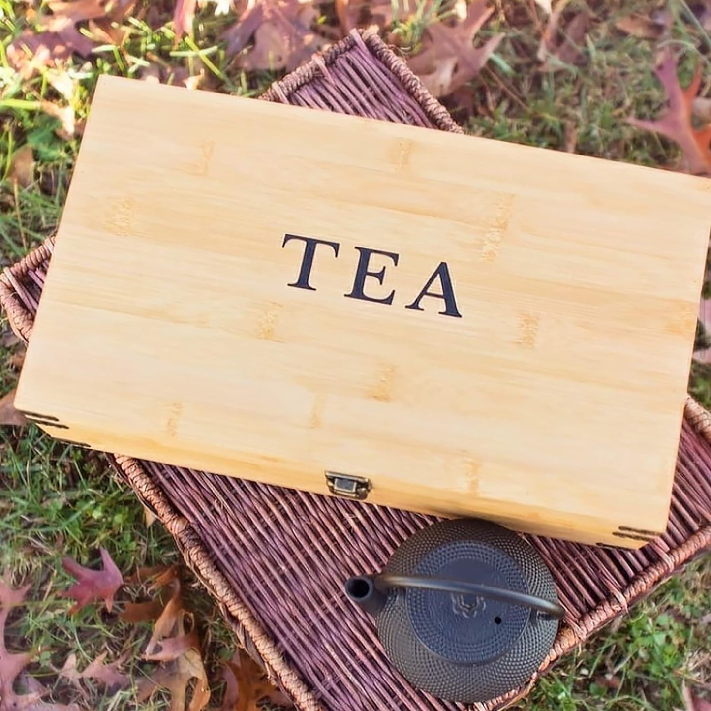 Large Wooden Tea Organizer Box, Big 14" Bamboo Storage Chest 8-Compartment Adjustable Shelves 100% Handmade Craft Eco-Friendly Natural Decor