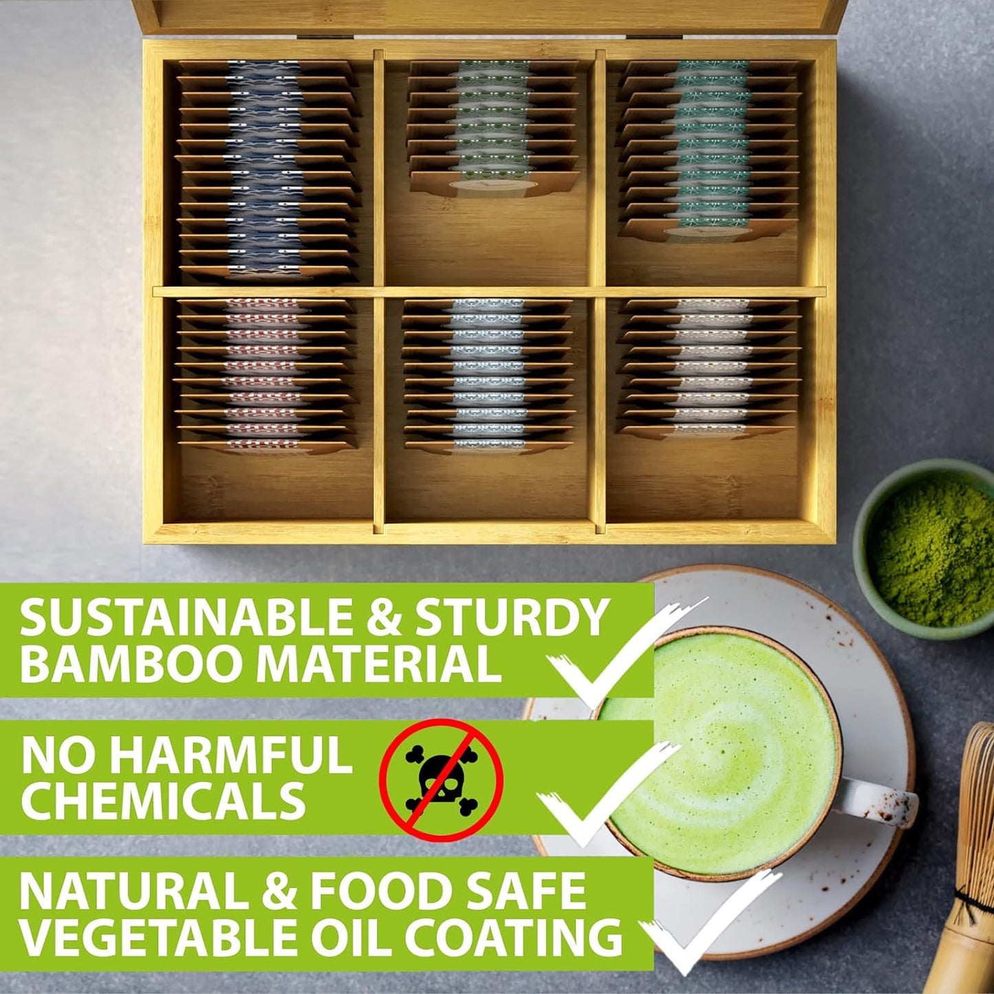 6-Slot Bamboo Tea Time Organizer Box w/ Corner Protectors