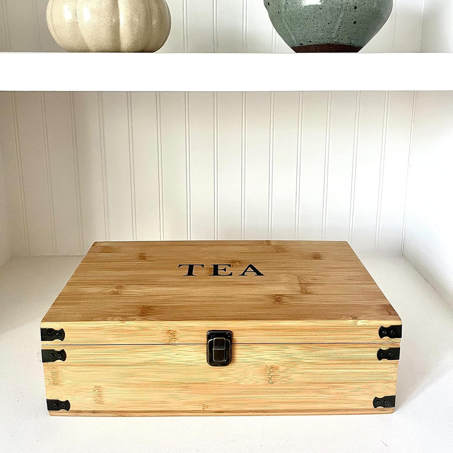 Large Wooden Tea Organizer Box, Big 14" Bamboo Storage Chest 8-Compartment Adjustable Shelves 100% Handmade Craft Eco-Friendly Natural Decor