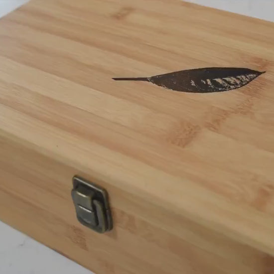 Square Bamboo Tea Organizer Box, Countertop Storage Chest with 4 Adjustable Slot Compartments | Custom, Minimalist Tea Leaf Design