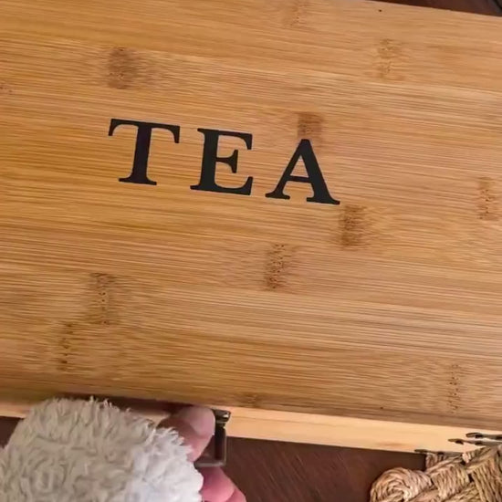 6-Slot Bamboo Tea Organizer Box, Countertop Storage Chest with 4 Adjustable Slot Compartments - Eco-Friendly Chemical Free Lacquer Finish