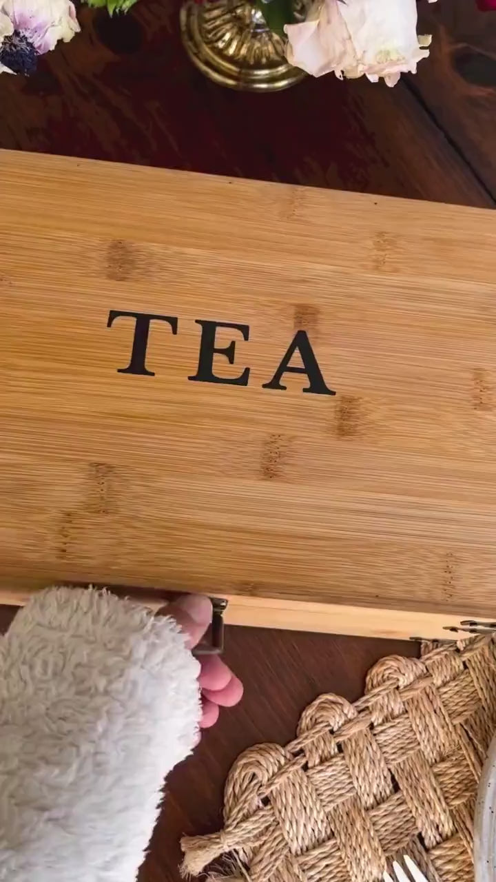 6-Slot Bamboo Tea Organizer Box, Countertop Storage Chest with 4 Adjustable Slot Compartments - Eco-Friendly Chemical Free Lacquer Finish