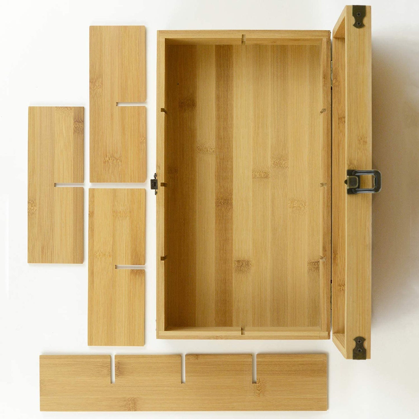 Large Wooden Tea Organizer Box, Big 14" Bamboo Storage Chest 8-Compartment Adjustable Shelves 100% Handmade Craft Eco-Friendly Natural Decor