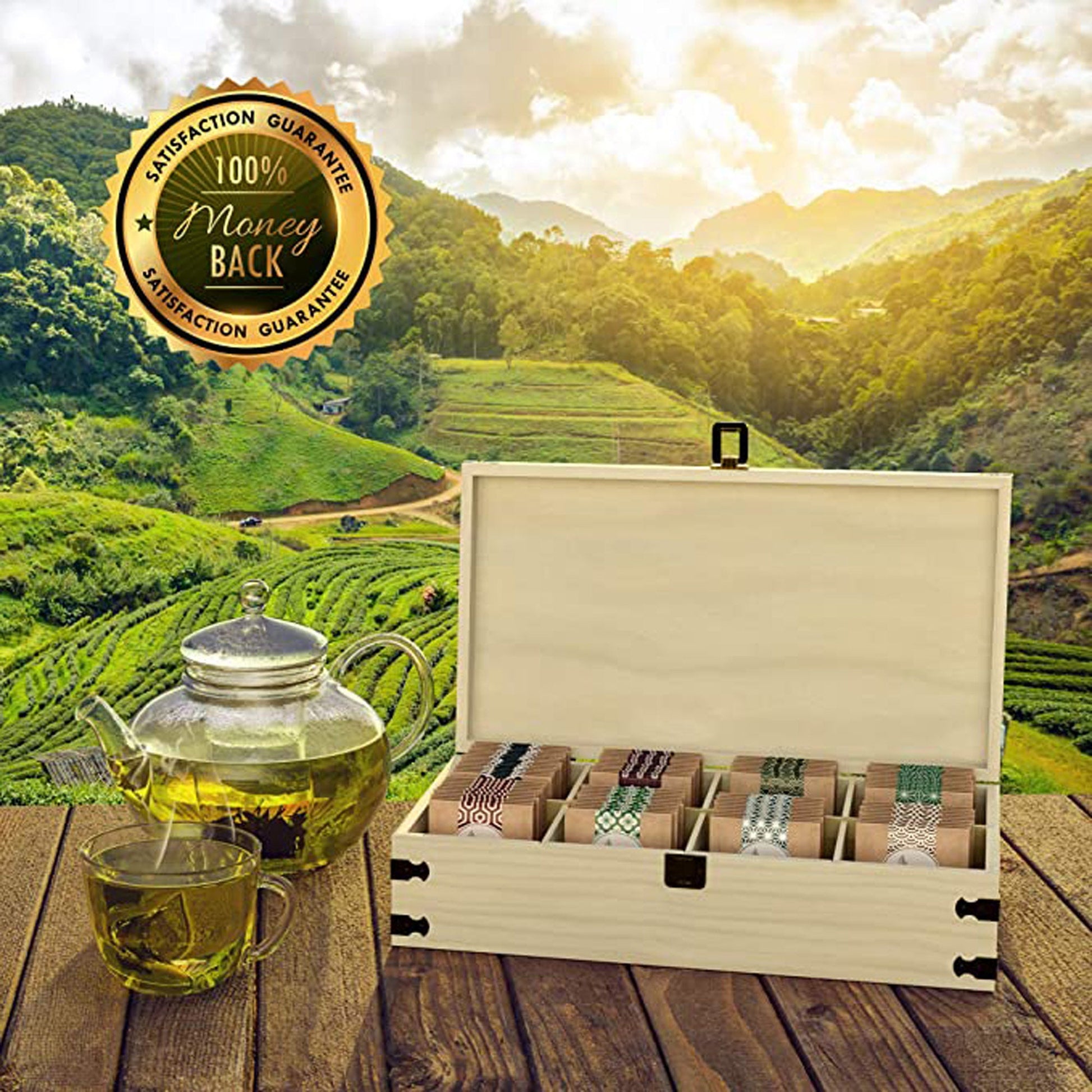 Zen Earth Inspired Pine Wood Tea Storage Chest | Handmade Wooden Kitchen Organizer Box - Adjustable Dividers and Eco Friendly Stain