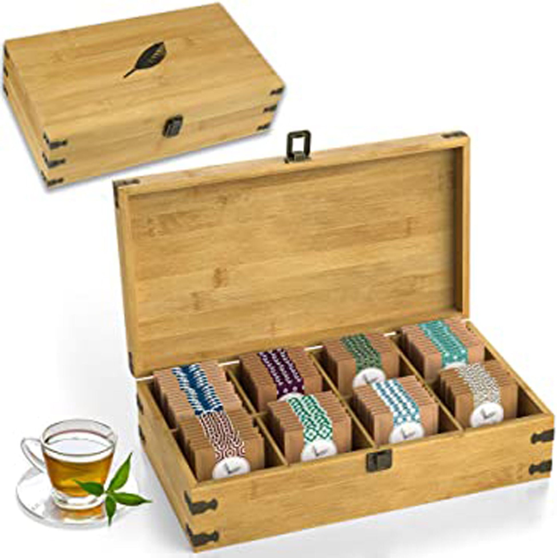 Large Wooden Tea Organizer Box Big 14" Bamboo Storage Chest 8-Compartment Adjustable Shelves 100% Handmade Craft Eco-Friendly Natural Decor
