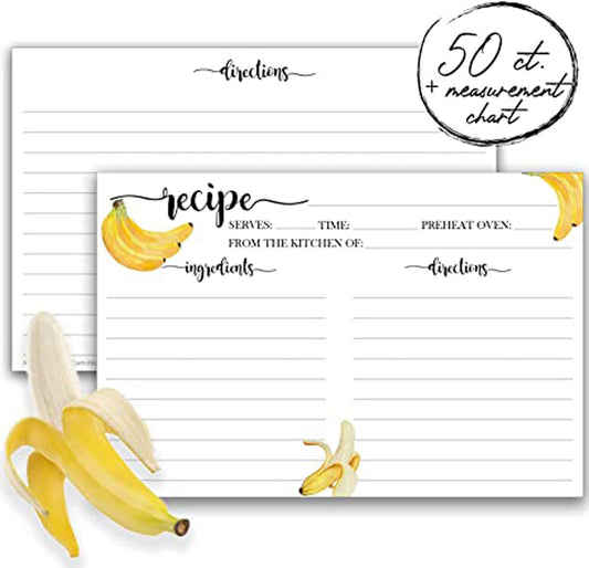 Banana Recipe Cards 4x6 Inch Cute Notecards - Matte, Non-Smudge, Thick Paper - Lined Recipe Template Index Cards - Wedding, Bridal Showers