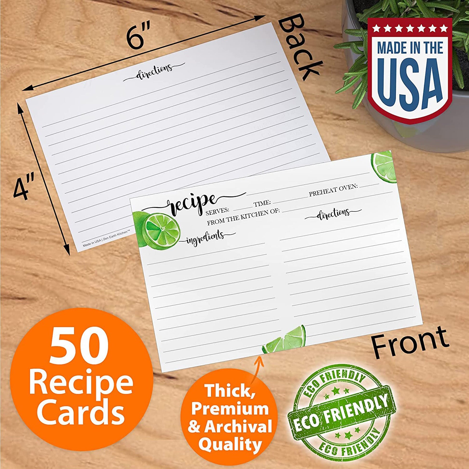 Lime Recipe Cards 4x6 Inch Cute Notecards - Matte, Non-Smudge, Thick Paper - Lined Recipe Template Index Cards - Wedding, Bridal Showers
