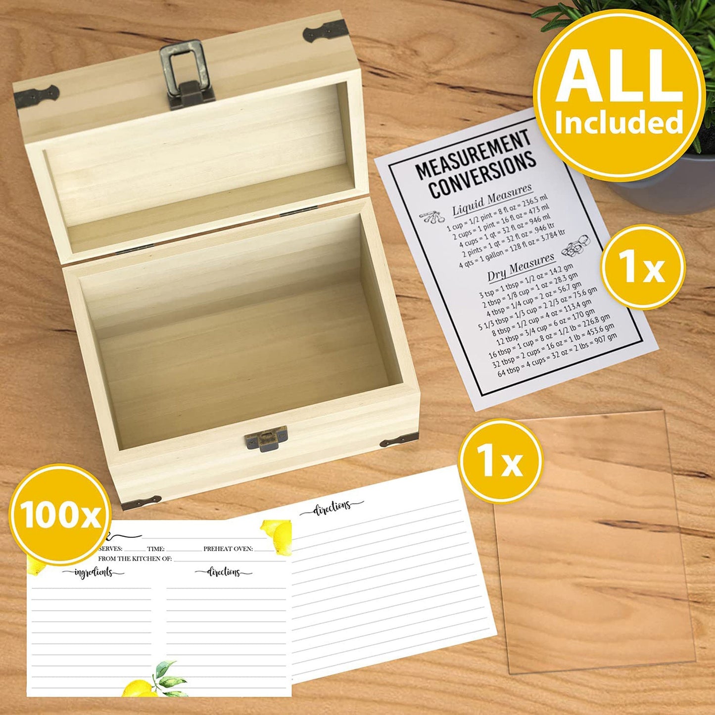 Rustic Pine Wood Recipe Box, 100 Recipe Cards + 1 Clear Card Protector Included | Wooden Kitchen Storage Chest Holds 200+ 4x6 Index Cards