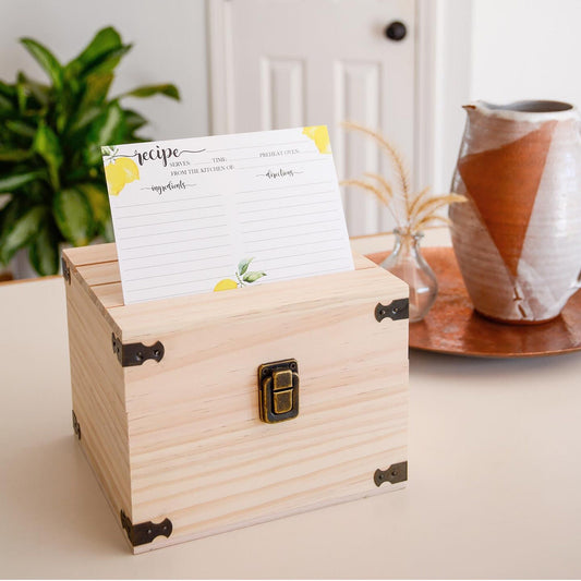 Rustic Pine Wood Recipe Box, 100 Recipe Cards, 24 Dividers, 3 Clear Card Protectors | Wooden Kitchen Storage Chest for 350+ 4x6 Index Cards