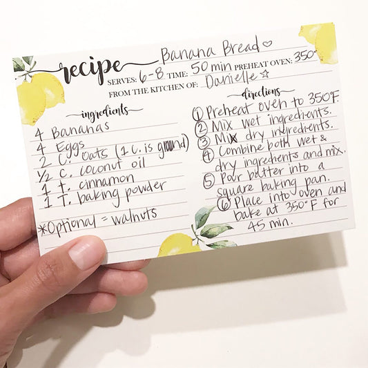 Cute Lemon Recipe Cards (100 Pack) 4" x 6" Index Notecards Matte, Non-Smudge, Thick Paper Lined Recipe Template - Weddings, Bridal Showers
