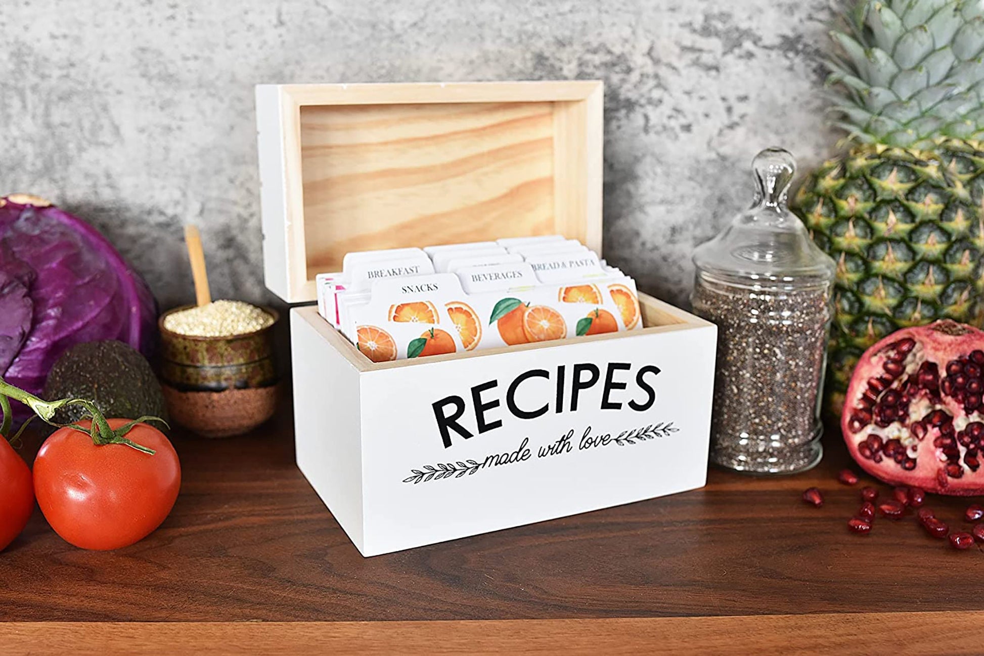 Made with Love Farmhouse Recipe Box, 100 Recipe Cards, Card Protector + 24 Dividers | White Wooden Kitchen Storage Chest for 4x6 Index Cards