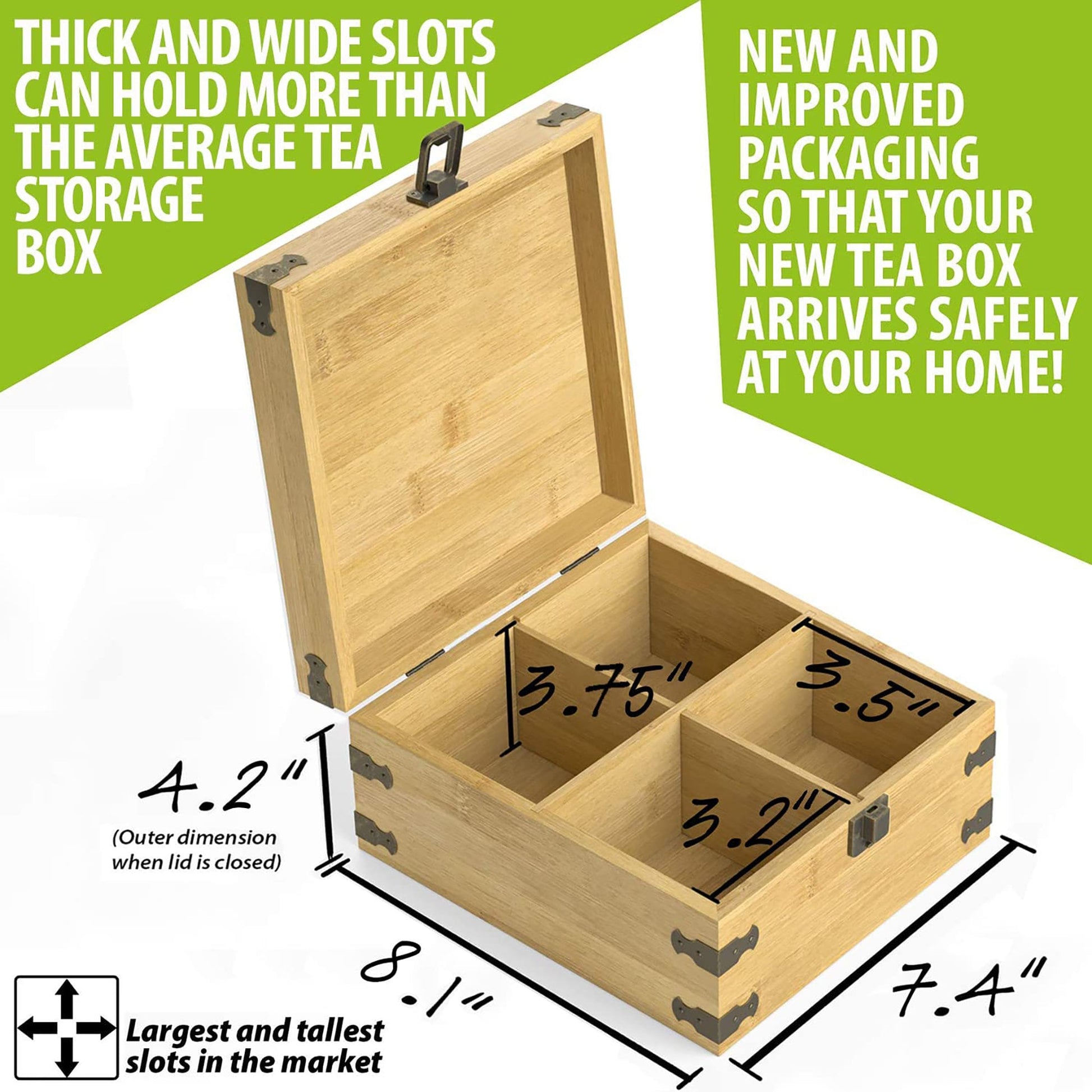 Square Bamboo Tea Organizer Box, Countertop Storage Chest with 4 Adjustable Slot Compartments | Custom, Minimalist Tea Leaf Design