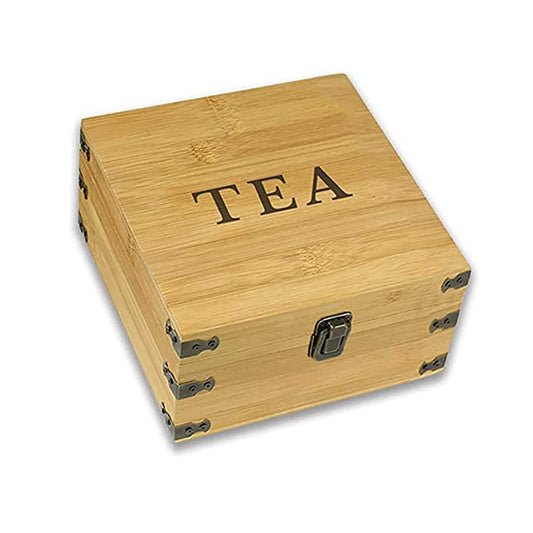 Square Bamboo Tea Organizer Box, Countertop Storage Chest with 4 Adjustable Slot Compartments