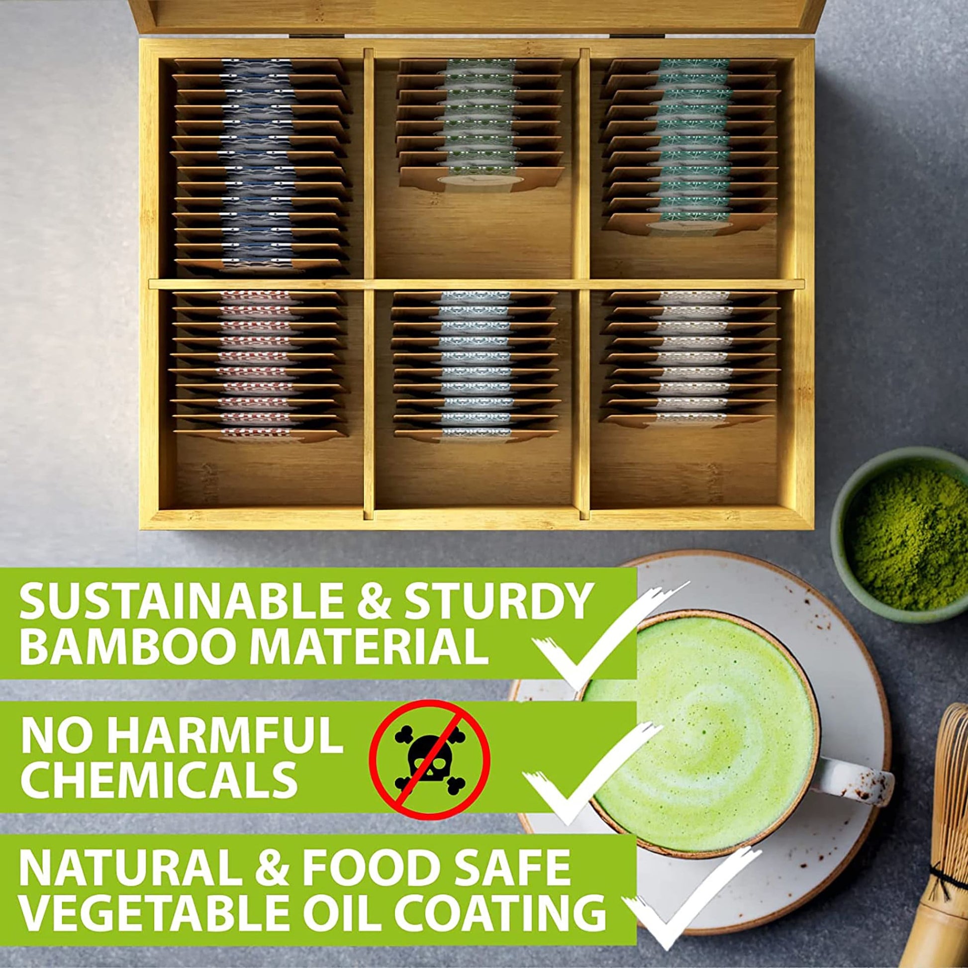 6-Slot Bamboo Tea Organizer Box, Countertop Storage Chest with 4 Adjustable Slot Compartments - Eco-Friendly Chemical Free Lacquer Finish