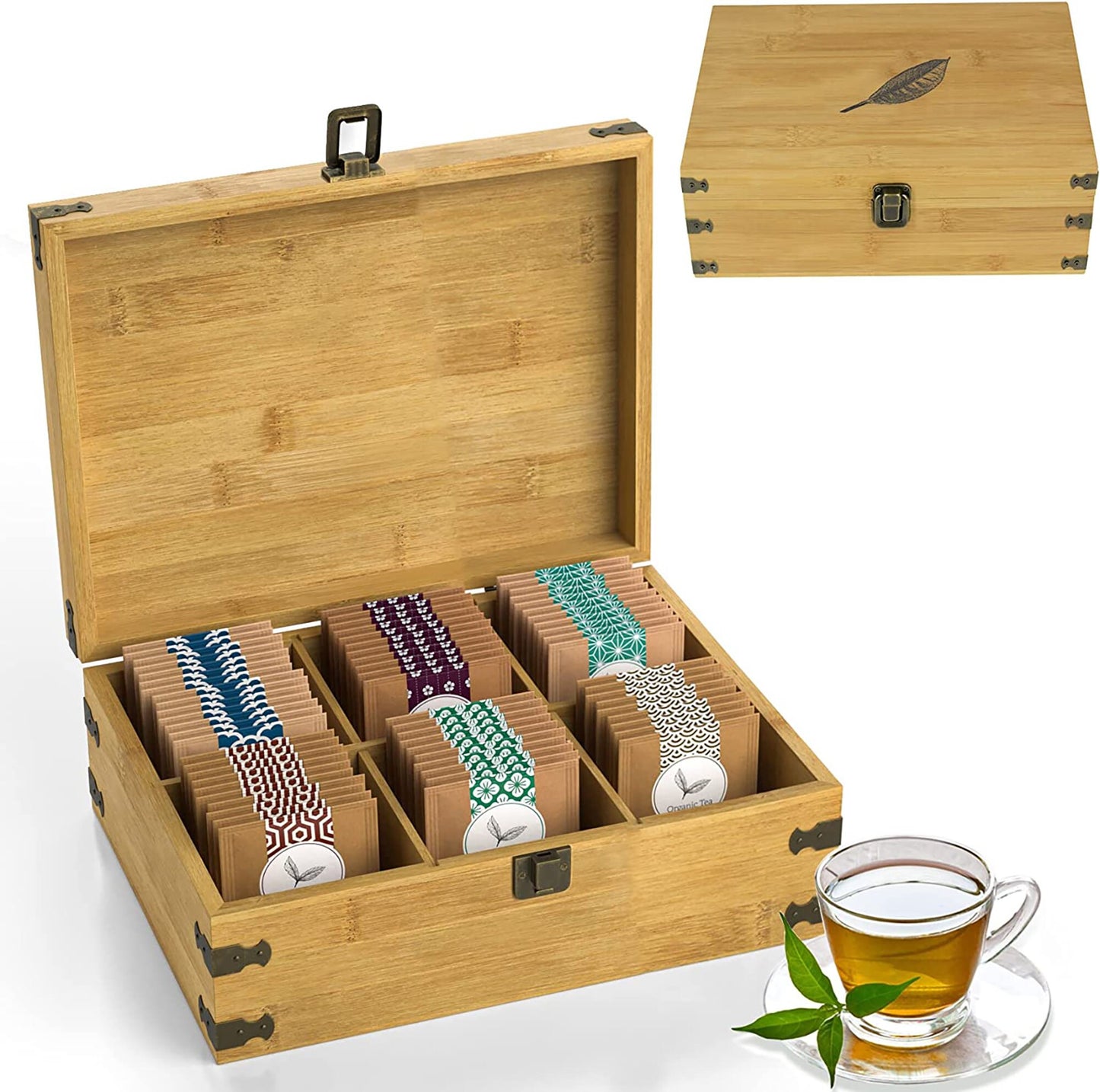 6-Slot Bamboo Tea Organizer Box, Countertop Storage Chest with 4 Adjustable Slot Compartments - Eco-Friendly Chemical Free Lacquer Finish