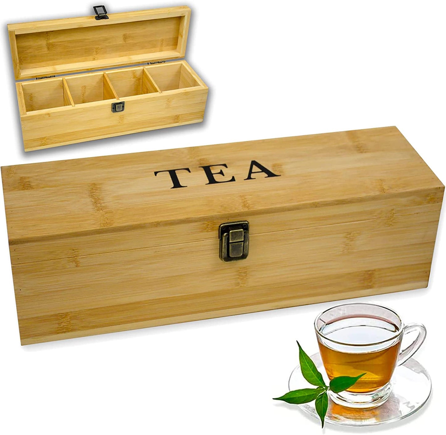 Bamboo Tea Organizer Box, Countertop Storage Chest with 4 Adjustable Slot Compartments | Minimalist, Purposeful, Moden, Rustic Kitchen Decor