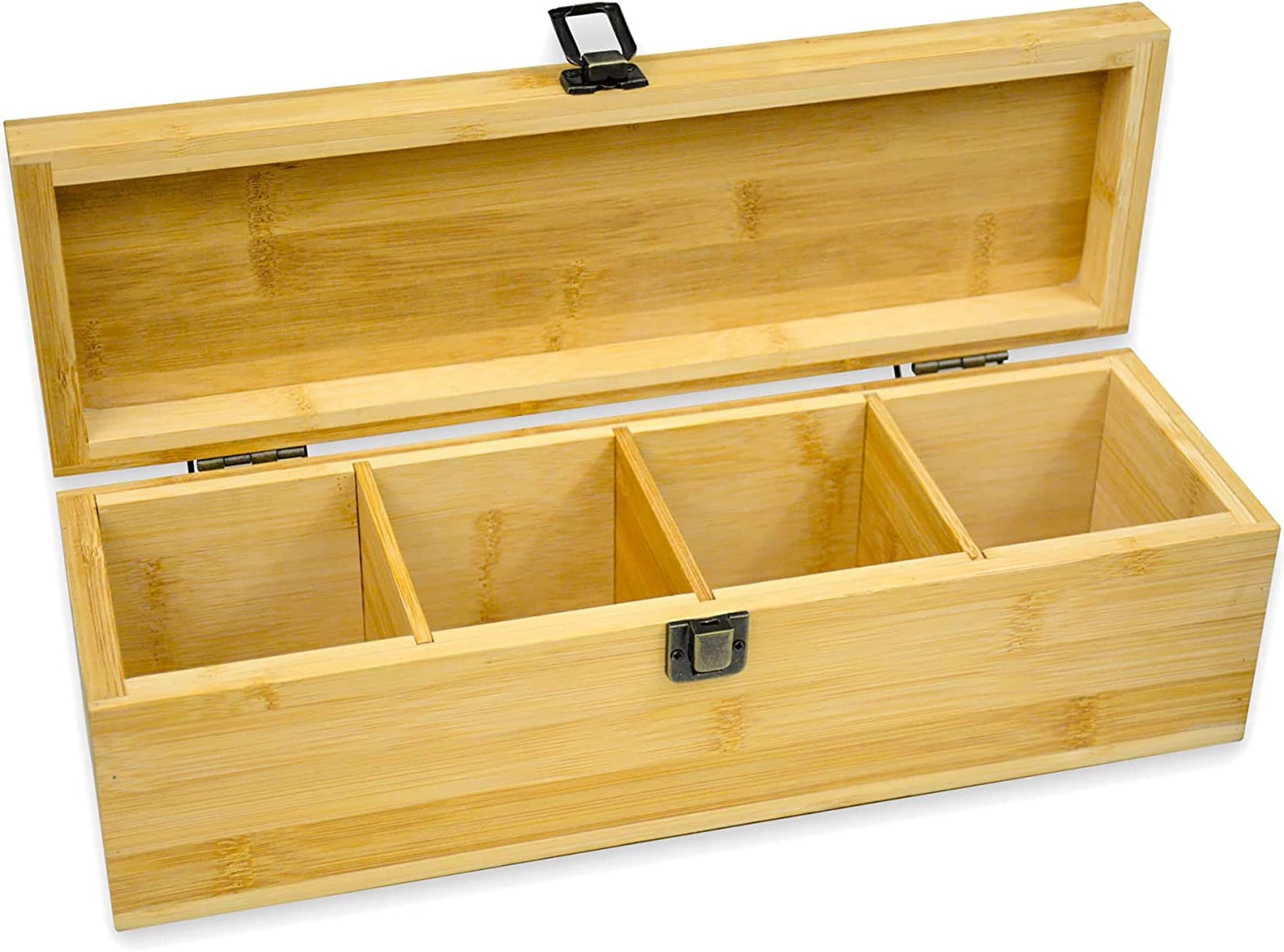 Bamboo Tea Organizer Box, Countertop Storage Chest with 4 Adjustable Slot Compartments | Minimalist, Purposeful, Moden, Rustic Kitchen Decor