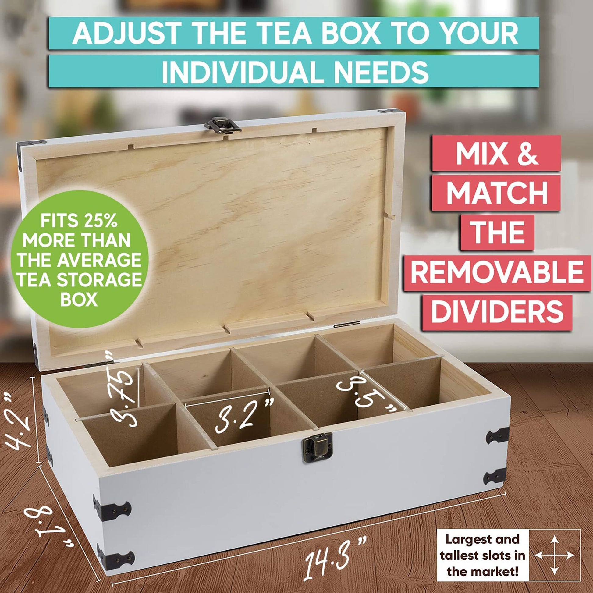 White Pine Wood Decorative Tea Chest Storage Box Display XL Kitchen Organizer Caaddy 8 Adjustable Compartments