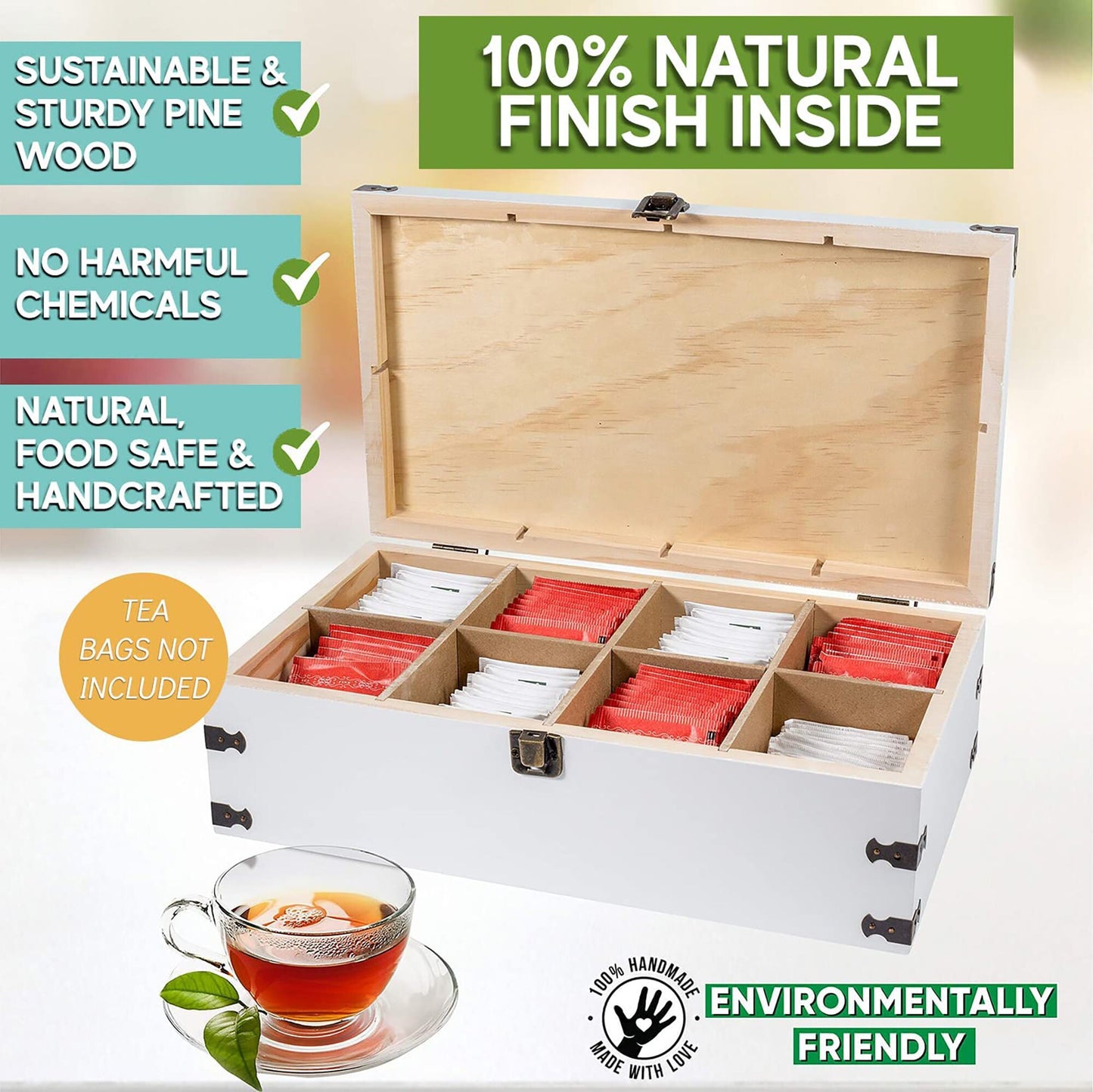 White Pine Wood Decorative Tea Chest Storage Box Display XL Kitchen Organizer Caaddy 8 Adjustable Compartments