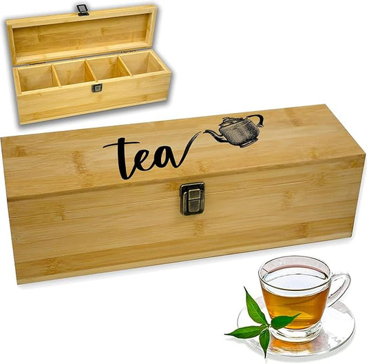 4-Slot Bamboo Tea Storage Box With Tea Pot Design