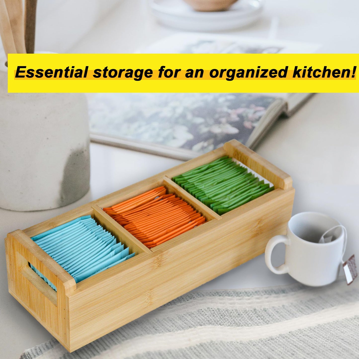 Bamboo Tea Organizer Caddy 3-Slot Countertop Display, Storage with Adjustable/Removable Slots | Minimalist, Purposeful Design & Thoughtful Gift Idea