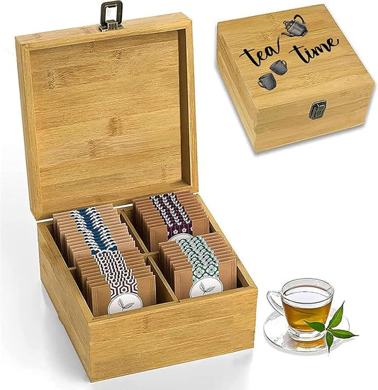 4-Slot Square Tea Time Food-Safe Bamboo Organizer Box