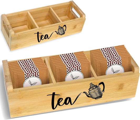 3-Slot Bamboo Tea Caddy with Tea Pot Design