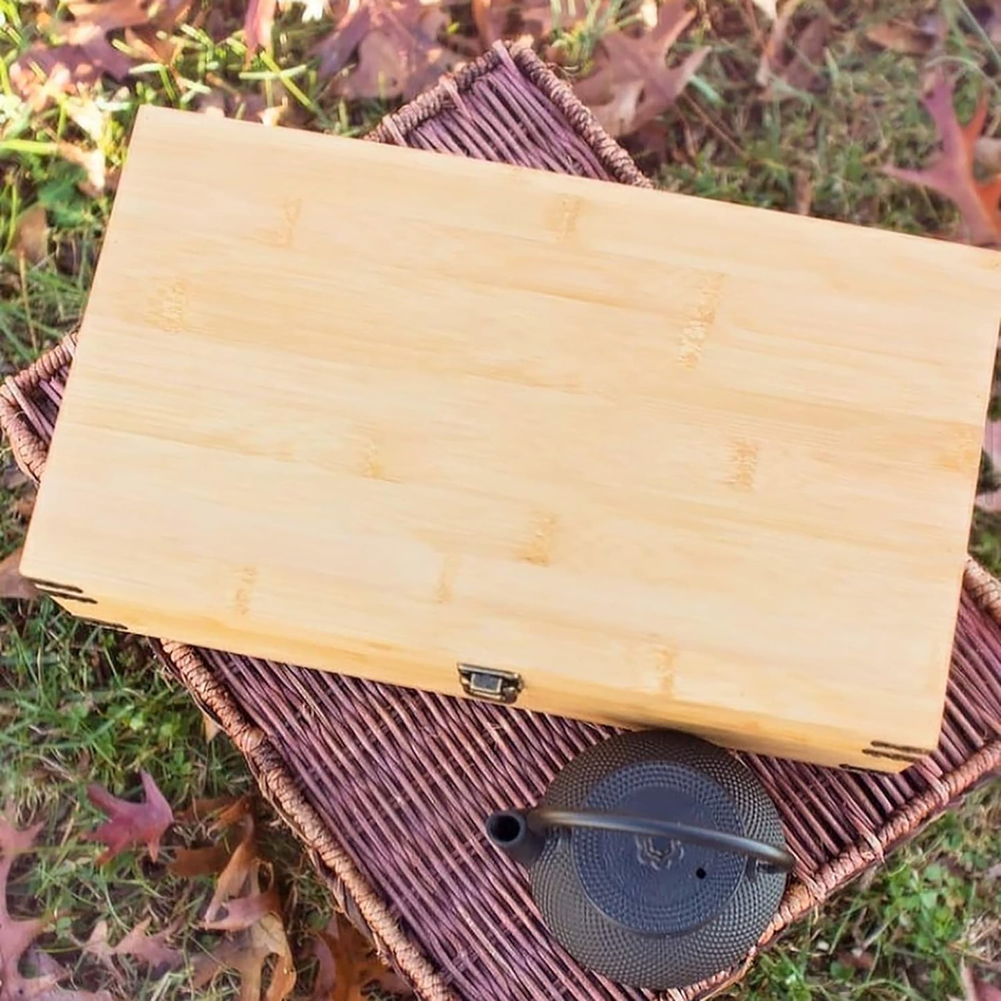 Large Wooden Tea Organizer Box, Big 14" Bamboo Storage Chest 8-Compartment Adjustable Shelves