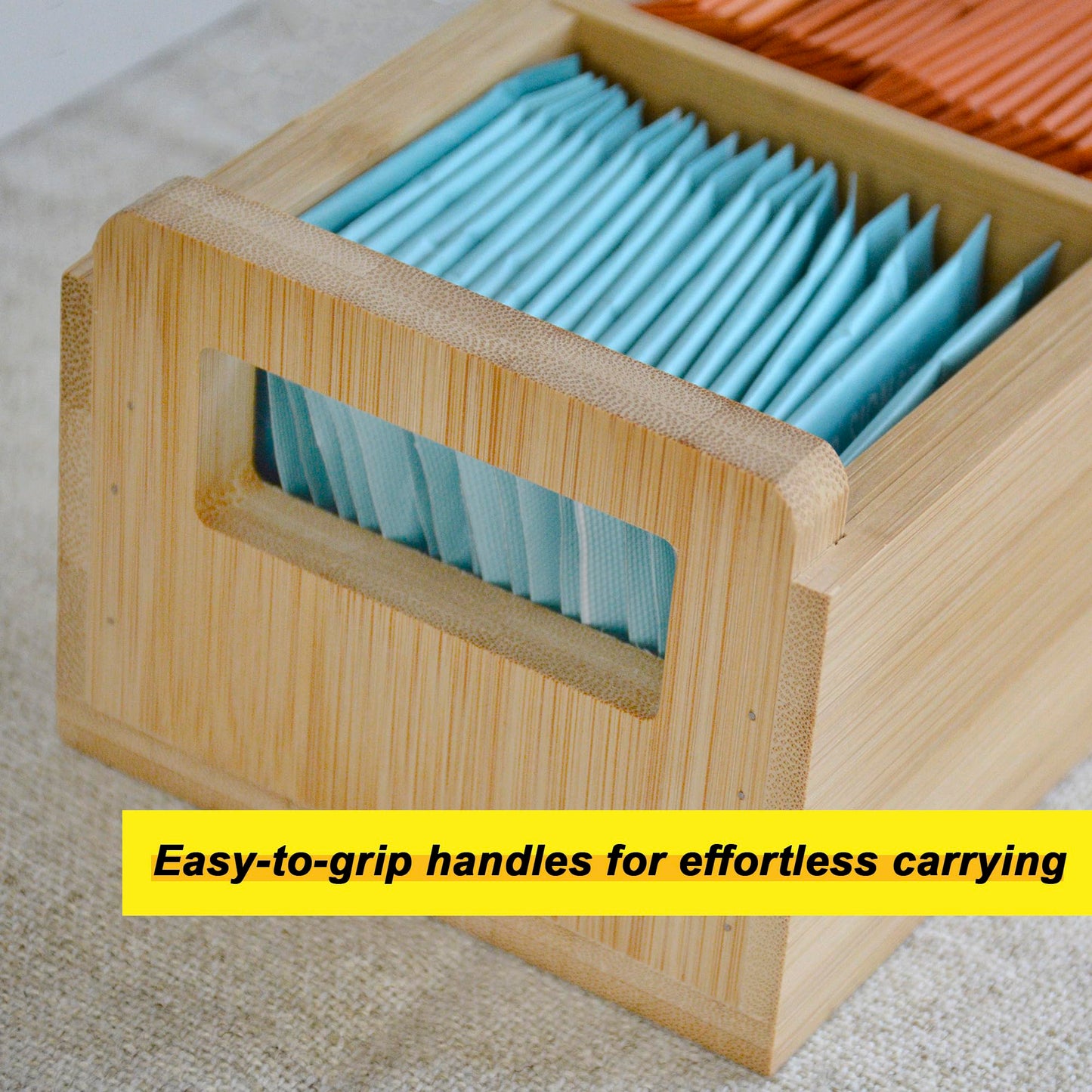 Bamboo Tea Organizer Caddy 3-Slot Countertop Display, Storage with Adjustable/Removable Slots | Minimalist, Purposeful Design & Thoughtful Gift Idea