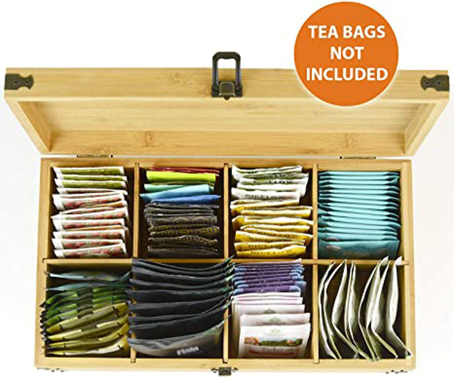 Large Wooden Tea Organizer Box, Big 14" Bamboo Storage Chest 8-Compartment Adjustable Shelves 100% Handmade Craft Eco-Friendly Natural Decor