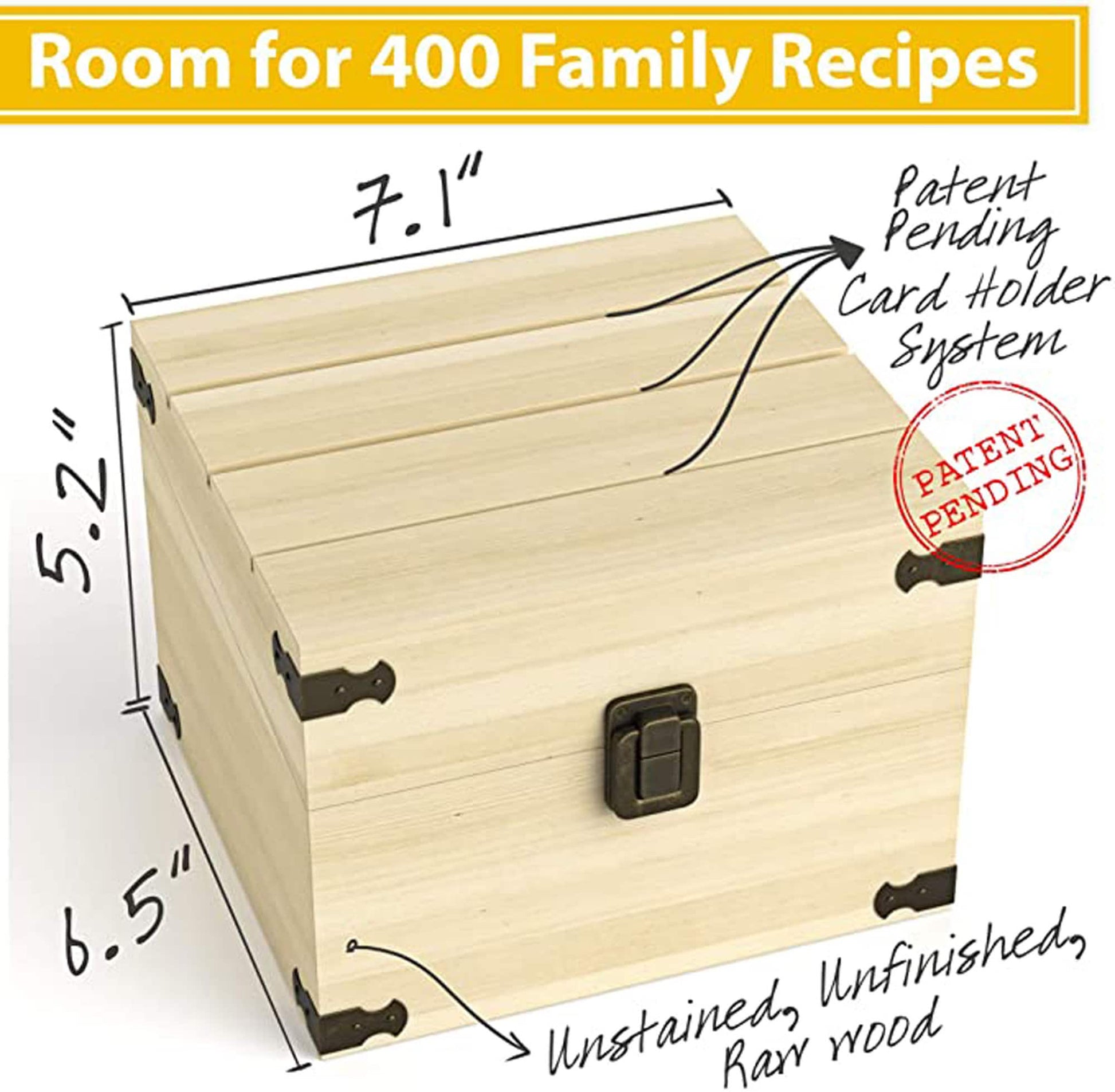 Rustic Pine Wood Recipe Box, 100 Recipe Cards, 24 Dividers, 3 Clear Card Protectors | Wooden Kitchen Storage Chest for 350+ 4x6 Index Cards