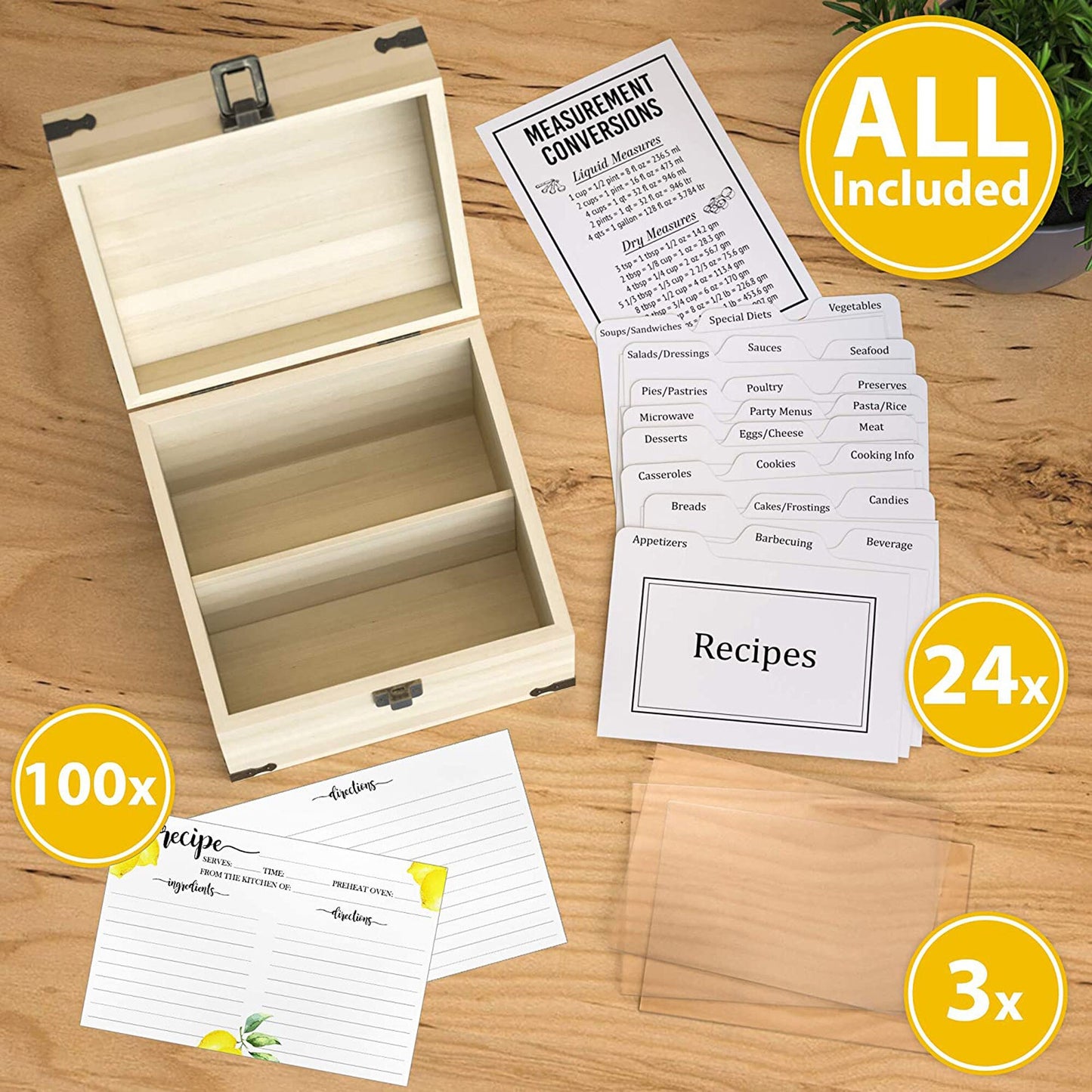 Rustic Pine Wood Recipe Box, 100 Recipe Cards, 24 Dividers, 3 Clear Card Protectors | Wooden Kitchen Storage Chest for 350+ 4x6 Index Cards