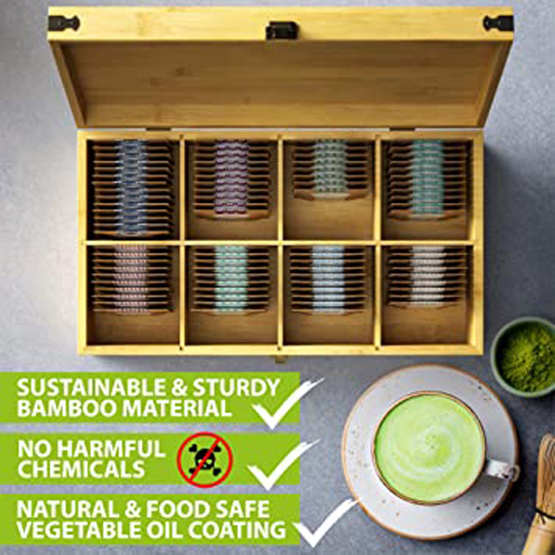 Zen Earth Inspired Bamboo Tea Organizer Box Chemical Free Eco-Friendly Big,  Tall, Adjustable Cubbies Natural Wooden Storage Chest (4-Slot Rectangle