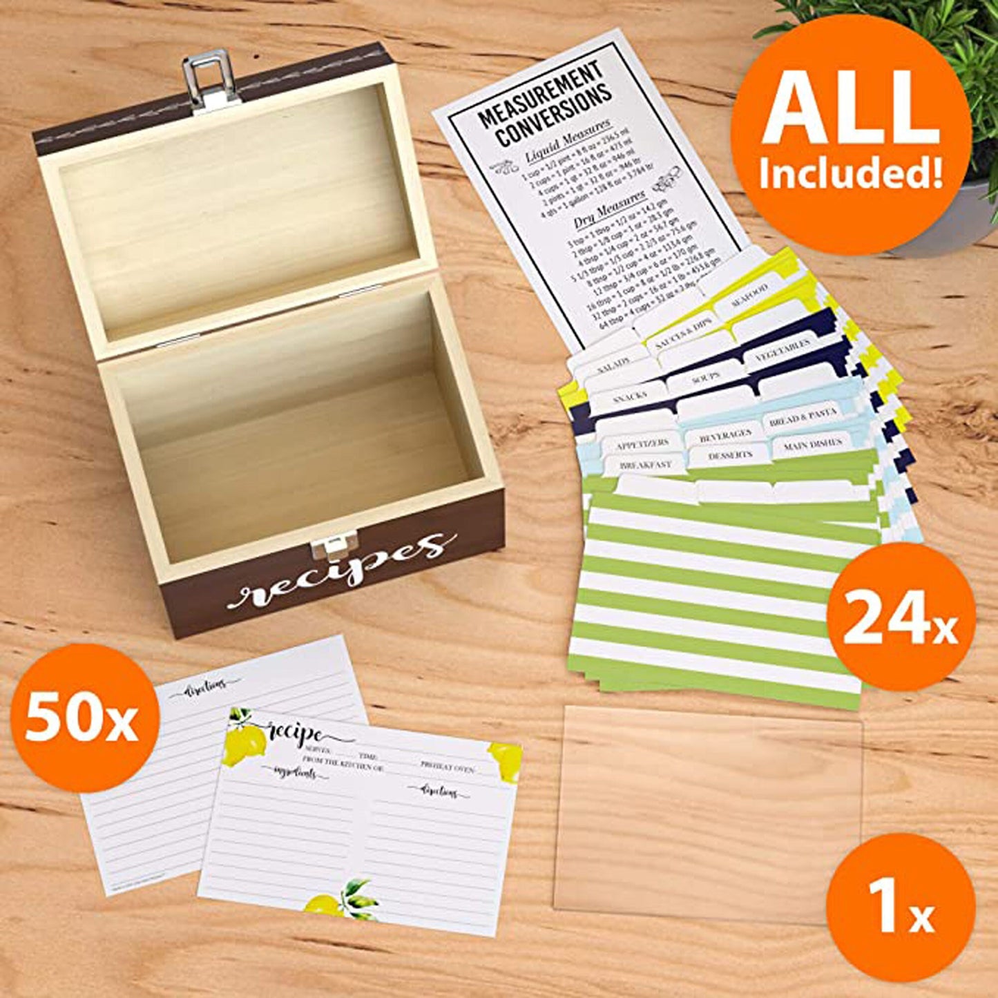 Farmhouse Recipe Box Includes 50 Lemon Recipe Cards, Card Protector + 24 Dividers | Brown Wooden Kitchen Storage Chest for 4x6 Index Cards