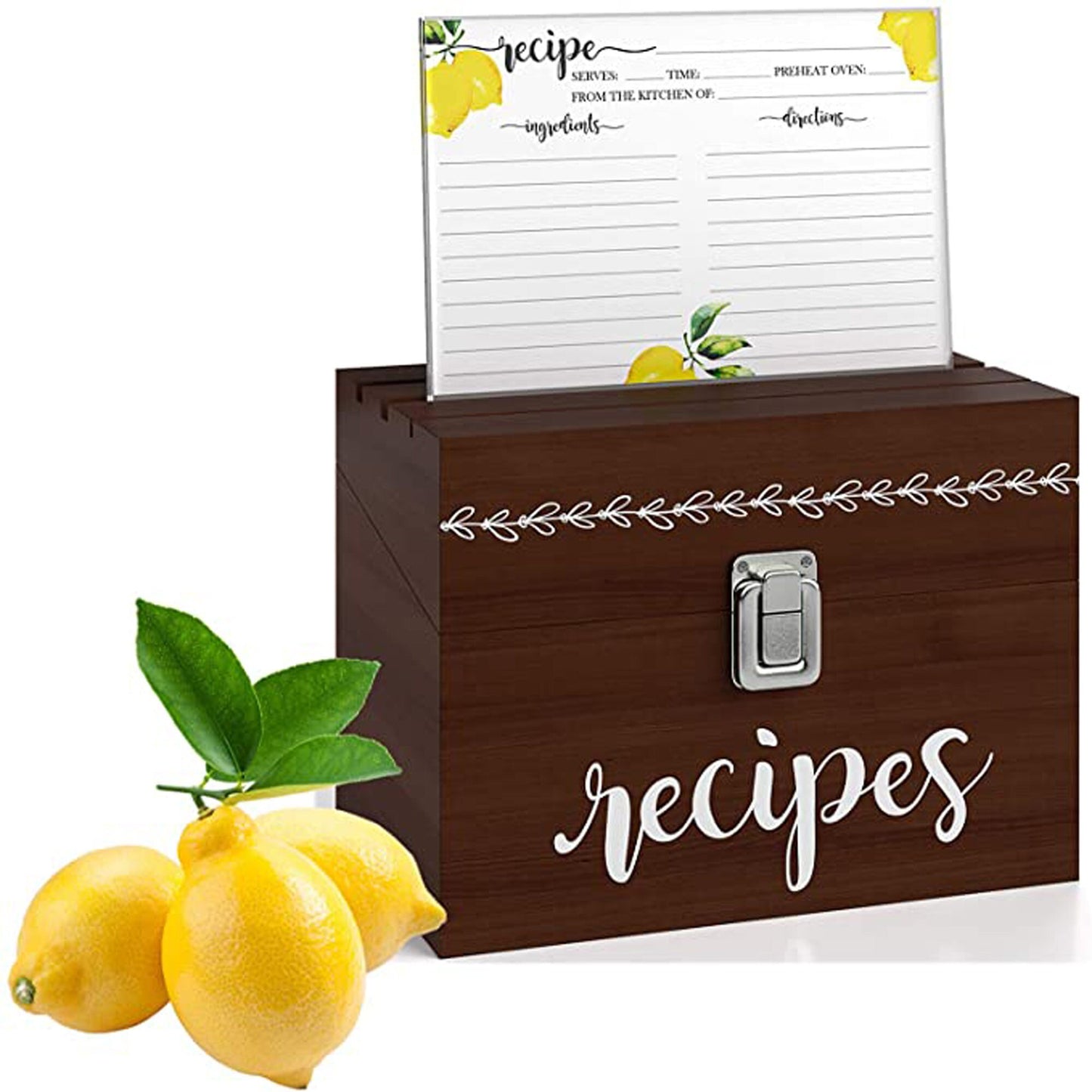 Farmhouse Recipe Box Includes 50 Lemon Recipe Cards, Card Protector + 24 Dividers | Brown Wooden Kitchen Storage Chest for 4x6 Index Cards