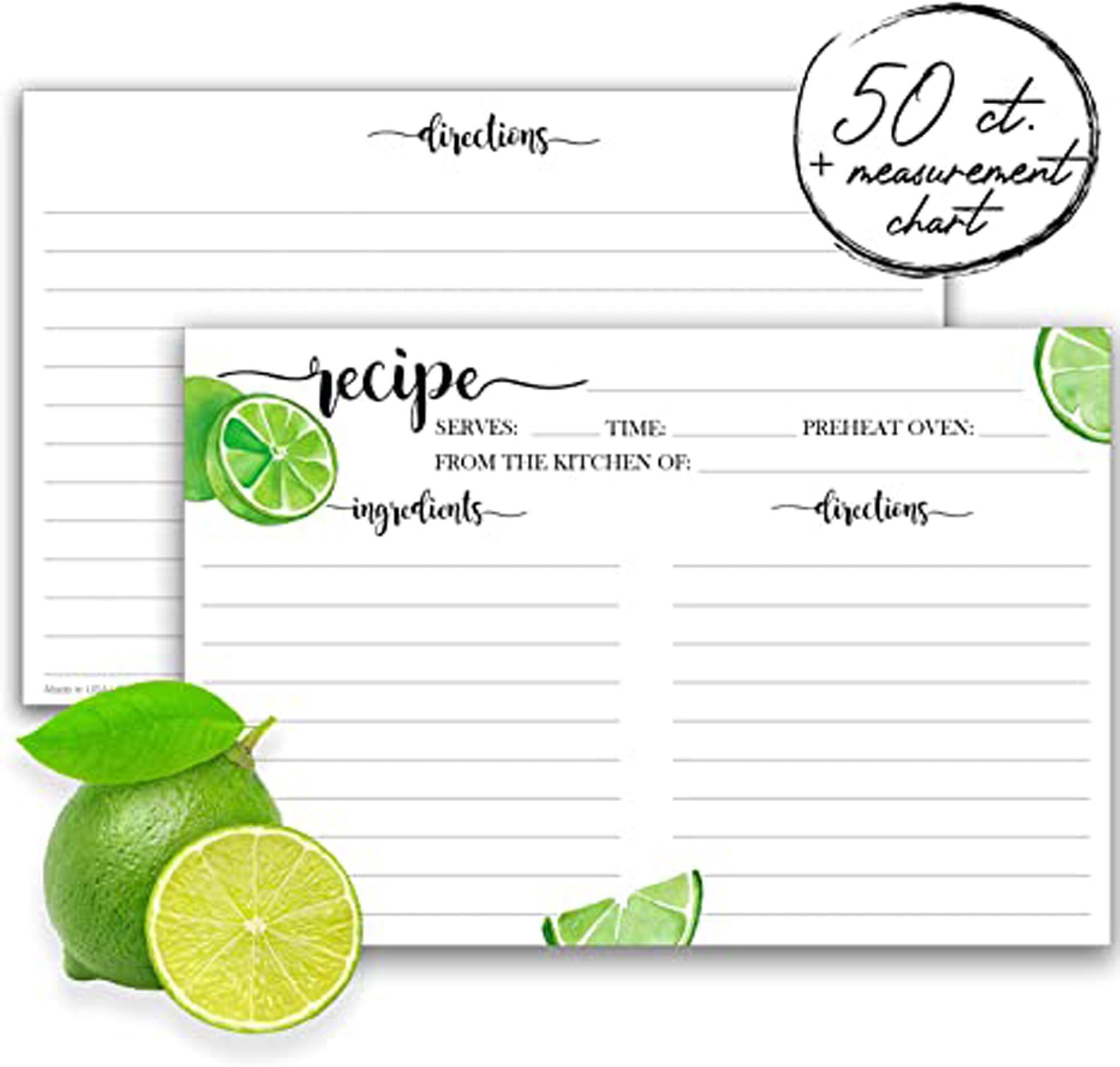 Lime Recipe Cards 4x6 Inch Cute Notecards - Matte, Non-Smudge, Thick Paper - Lined Recipe Template Index Cards - Wedding, Bridal Showers