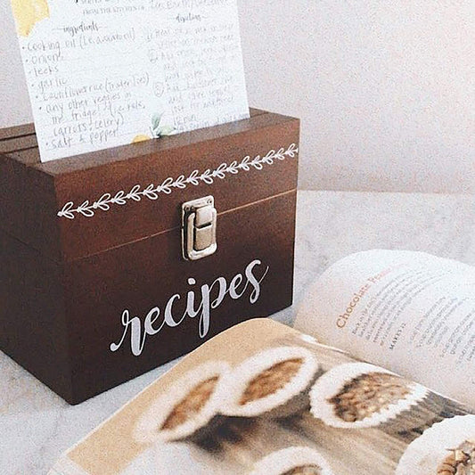 Farmhouse Recipe Box Includes 50 Lemon Recipe Cards, Card Protector + 24 Dividers | Brown Wooden Kitchen Storage Chest for 4x6 Index Cards