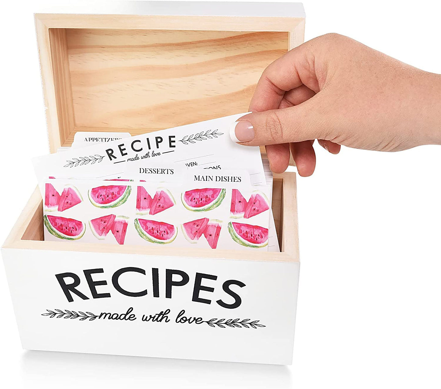 Made with Love Farmhouse Recipe Box, 100 Recipe Cards, Card Protector + 24 Dividers | White Wooden Kitchen Storage Chest for 4x6 Index Cards