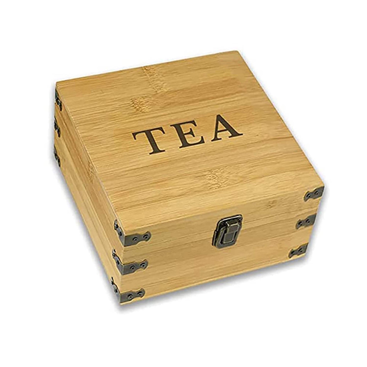 Square Bamboo Tea Organizer Box, Countertop Storage Chest with 4 Adjustable Slot Compartments