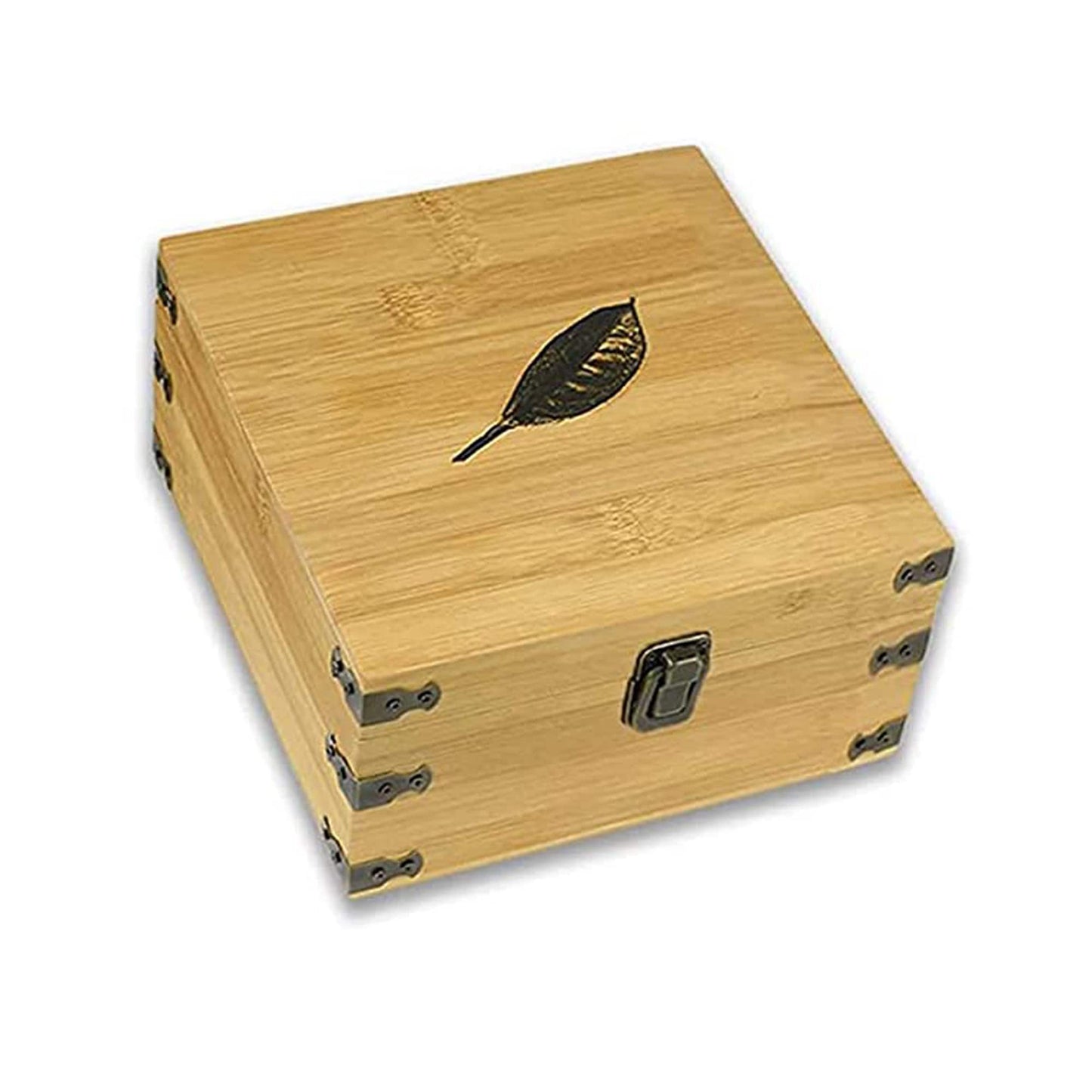 Square Bamboo Tea Organizer Box, Countertop Storage Chest with 4 Adjustable Slot Compartments | Custom, Minimalist Tea Leaf Design