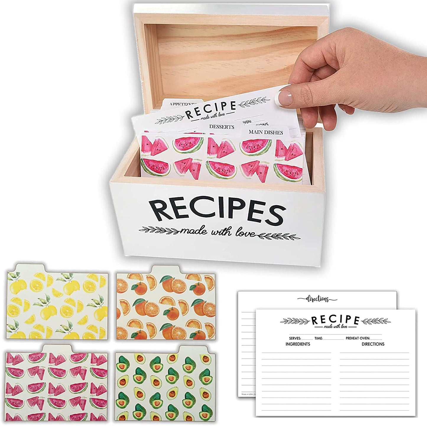 Made with Love Farmhouse Recipe Box, 100 Recipe Cards, Card Protector + 24 Dividers | White Wooden Kitchen Storage Chest for 4x6 Index Cards