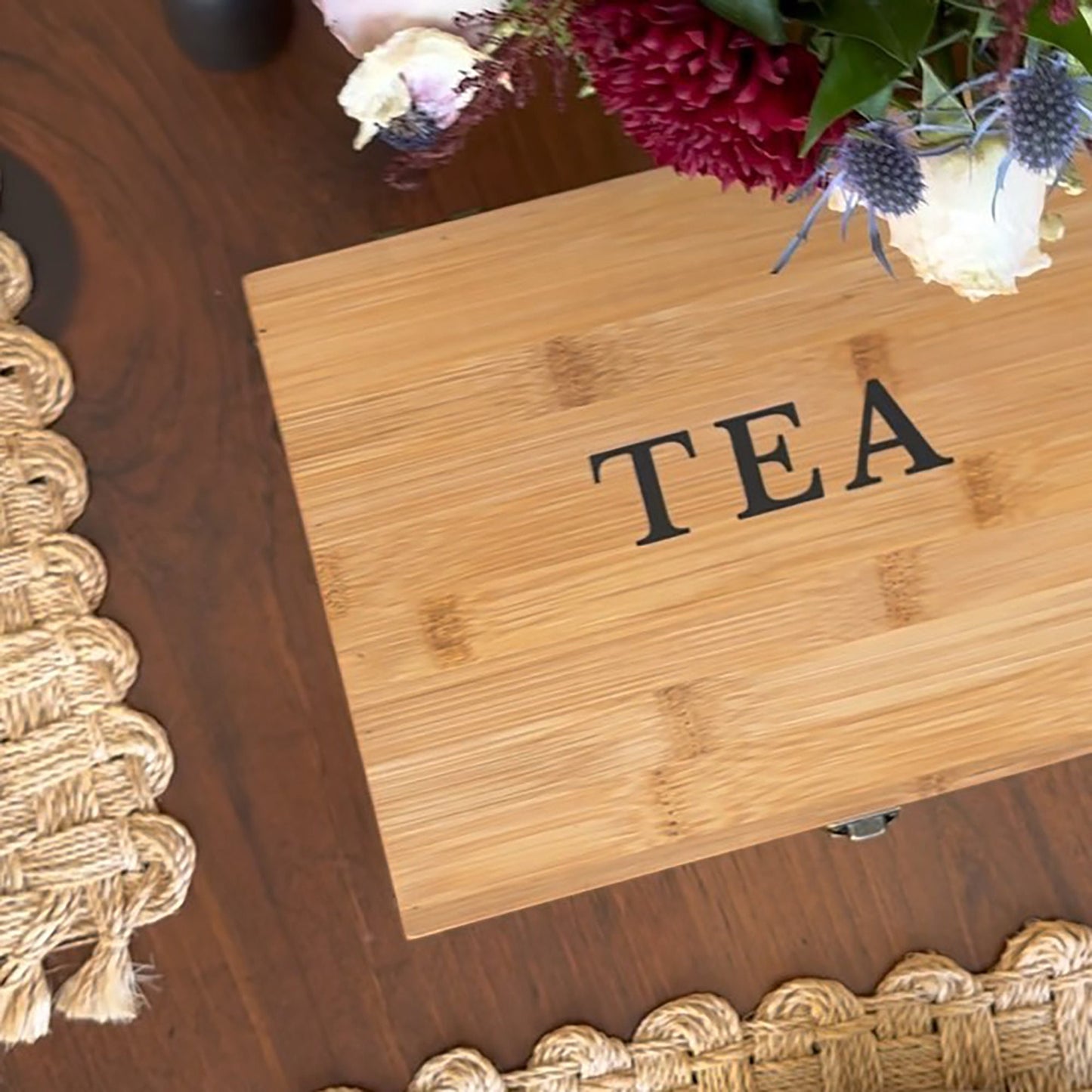 6-Slot Bamboo Tea Organizer Box, Countertop Storage Chest with 4 Adjustable Slot Compartments - Eco-Friendly Chemical Free Lacquer Finish