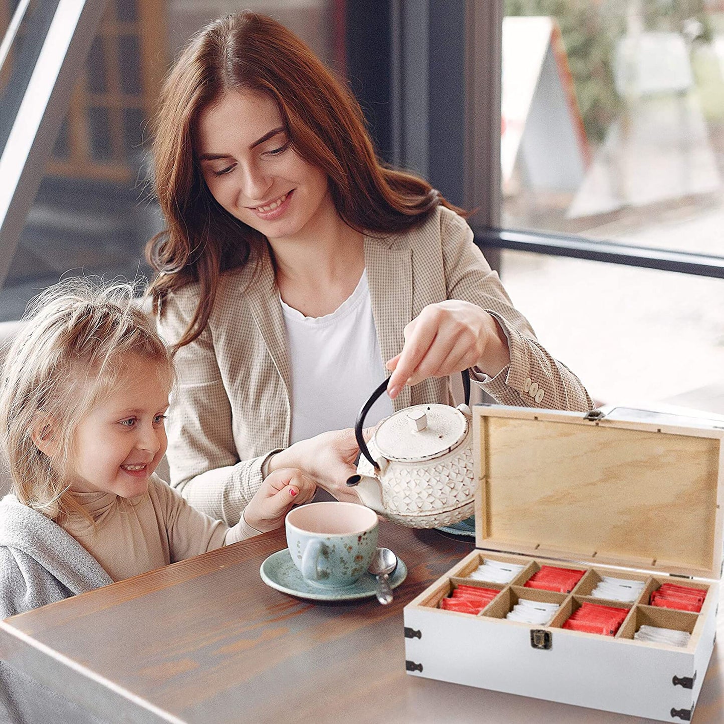 White Pine Wood Decorative Tea Chest Storage Box Display XL Kitchen Organizer Caaddy 8 Adjustable Compartments